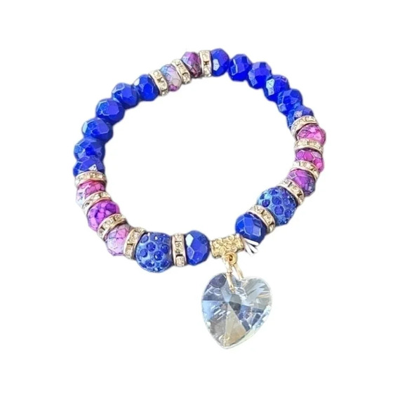 Colorful Plastic Beaded Clear Heart Pendant Stretchy Bracelet - Picture 1 of 3